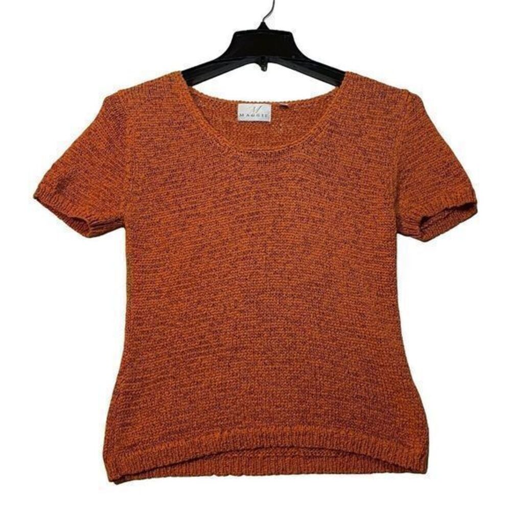 Maggie Vintage Sweater Womens Size Small Orange Open Knit Short Sleeve V-Neck